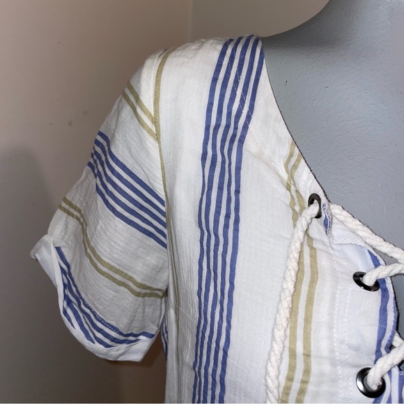 Skies Are Blue dress short sleeve  lace up White Blue Stripe cotton blend small - Picture 2 of 9